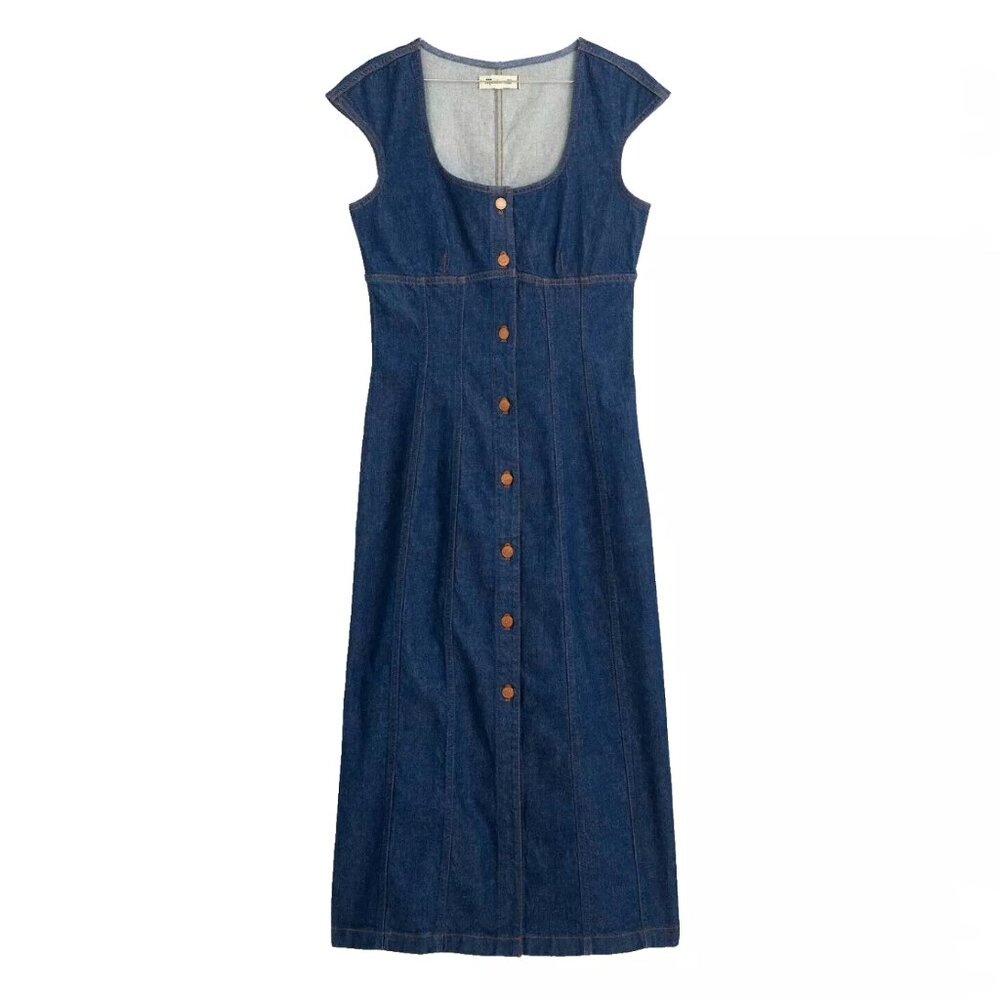 Madewell NWT Square-Neck Midi Denim Dress in Benton Wash, Size 4